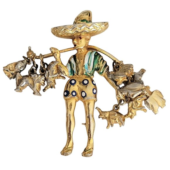 Rice Weiner 1940’s Asian Farmer Carrier Man Animal Charm Brooch K593 - Picture 1 of 10